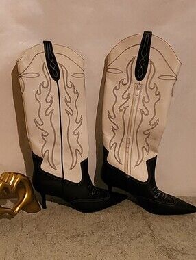 Western Style Black and White Decorative Cowboy Boot Pair - INC